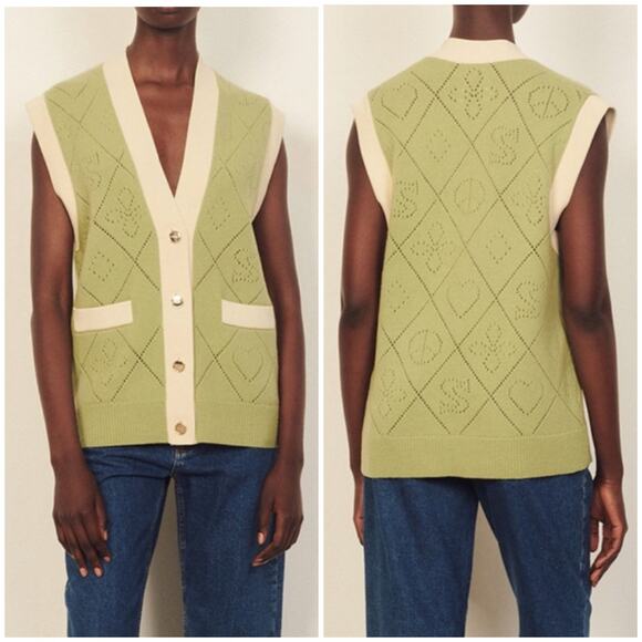 NWT Sandro Espoir Long Pointelle Knit Vest in Green - Picture 1 of 6